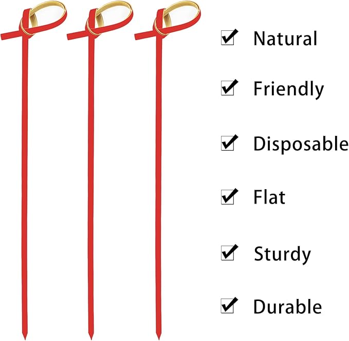 BLUE TOP Bamboo Cocktail Picks 200 PCS Red Bamboo Skewers 4 Inch with Looped Knot, Food Picks,Party Toothpicks for Appetizers,Cocktail Drinks,Barbecue Snacks,Club Sandwiches.