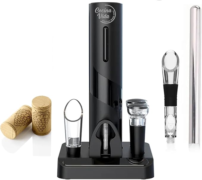 Cocina Vida 8 Piece Electric Wine Bottle Opener Set Includes Foil Cutter, 2 Aerators, Bonus Chill Stick & 2 Vacuum Stoppers and Storage Base - Perfect Wine Lovers Gift- Wine Accessories