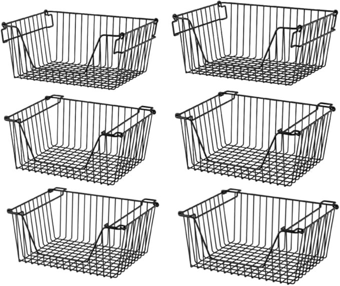 Slideep 14'' Black Stackable Storage Baskets Sturdy Metal Wire Freezer Bins Cabinet Organizer for Pantry Home Kitchen Organization- Set of 6