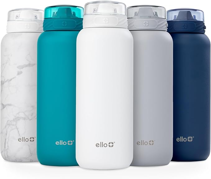 Ello Cooper 40oz Stainless Steel Water Bottle with Straw and Carry Handle, Double Walled and Vacuum Insulated Metal, Leak Proof Locking Lid with Soft Silicone Spout, Reusable, BPA Free, White