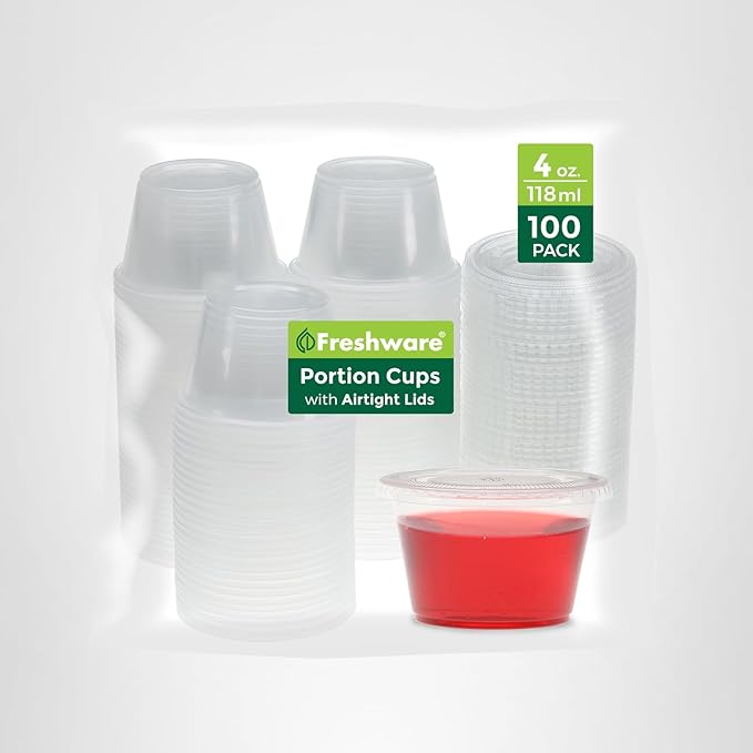 Freshware Plastic Portion Cups with Lids [4-Ounce, 100 Sets] - Souffle, Sampling, Sauce, Snack, Dressing, Jello Shot Cups, Plastic Containers, BPA Free