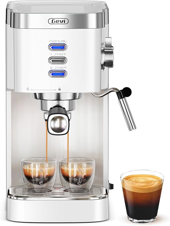Gevi Professional Espresso Machine 20 Bar, Compact Latte & Cappuccino Machine with Milk Frother Steam Wand, Adjustable Shot Volume, White (Ideal Gift Choice)