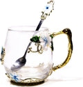 Handicraft Crystal Glass 3D Flower Cups Tea Mug With Tea Spoon Women Coffee, Tea, Juice, Beer, Milk Hot And Cold Drinks Use Gift Package. (Short Blue)