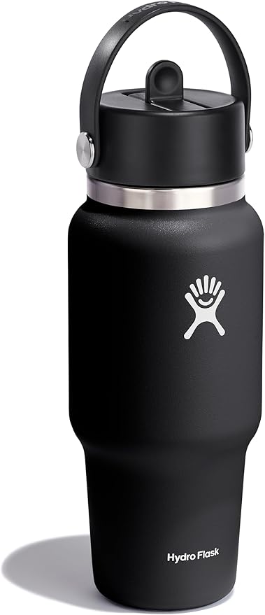 Hydro Flask Travel Water Bottle - Insulated Stainless Steel - Wide Straw Lid, Non Spill, Leakproof in 24 Oz Black