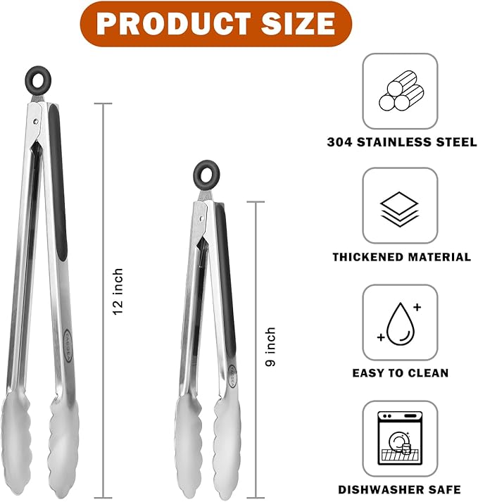 TACGEA Stainless Steel Kitchen Tongs, Silicone Non-slip Grip, Locking Grilling Food Tongs Set of 2, 9-inch & 12-inch