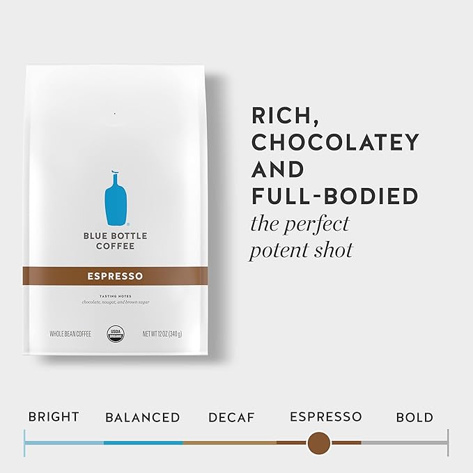 Blue Bottle Whole Bean Organic Coffee, Espresso, Dark Roast, 12 Ounce bag (Pack of 6)