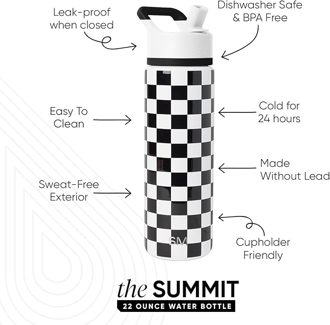 Simple Modern Water Bottle with Straw Lid | Vacuum Insulated Stainless Steel Metal | Reusable Leak Proof BPA-Free Cup for School | Summit Collection | 22oz, Black and White Checkmate