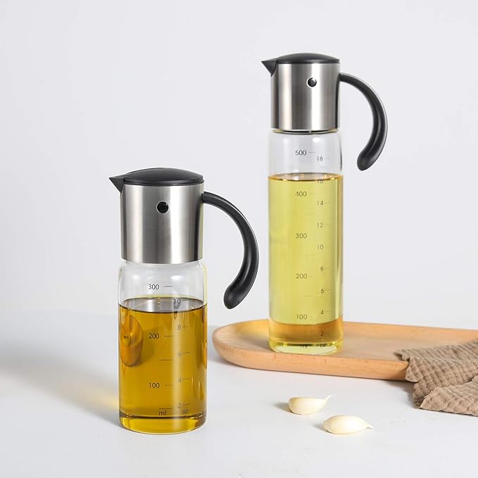 Vucchini Large Olive Oil Dispenser Bottle Kitchen Cooking Oil Dispenser Auto Flip Soy Sauce Container -Stainless Steel Leakproof Vinegar Glass Cruet (10 oz and 17 oz Set)