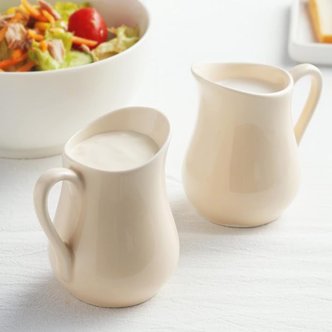 Gurygo 4 Ounce (Set/2) Ceramic Creamer Pitcher with Handle, Small Classic White Fine Porcelain Creamer Container, Small Milk Pitcher for Coffee Milk, Microwave & Freezer Safe (Beige)