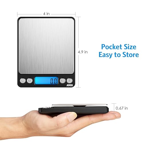 AMIR Digital Kitchen Scale, 3000g 0.01oz/0.1g Pocket Cooking Scale, Mini Food Scale, Pro Electronic Jewelry Scale with Back-Lit LCD Display, Tare & PCS Functions, Stainless Steel, Black