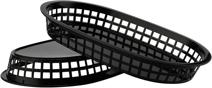 30 Pack 10.5x6.7x1.3 Inch Black Plastic Fast Food Baskets, Restaurant Serving Baskets, Flat Oval Fast Food Serving Basket for Picnic, Deli Serving, Chicken, Burgers and Fries