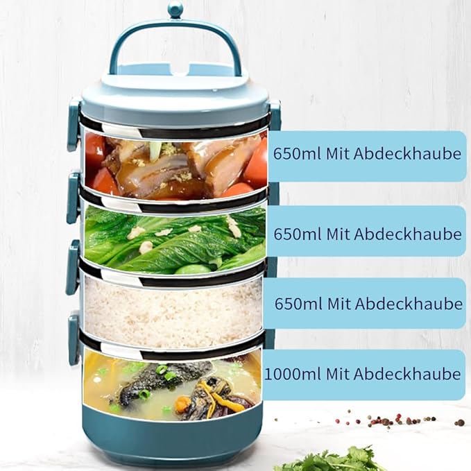 SANQIAHOME 4 Tier Stackable Stainless Steel Lunch Box Sealed(blue, 4 layers) with spoon and fork