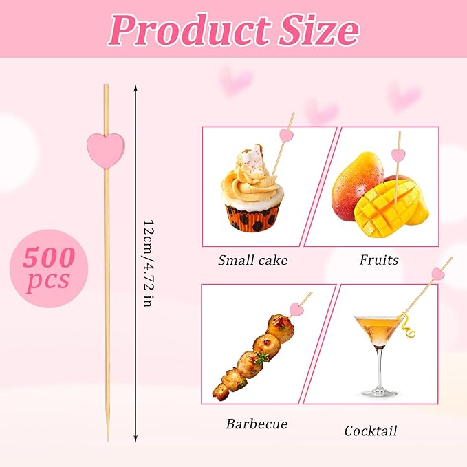 500 Pieces Pink Heart Toothpicks 4.7 Inch Fancy Bamboo Cocktail Picks for Frozen Appetizers Long Fruit Charcuterie Drink Sticks Wedding Party Valentines Day Decoration Party Supplies