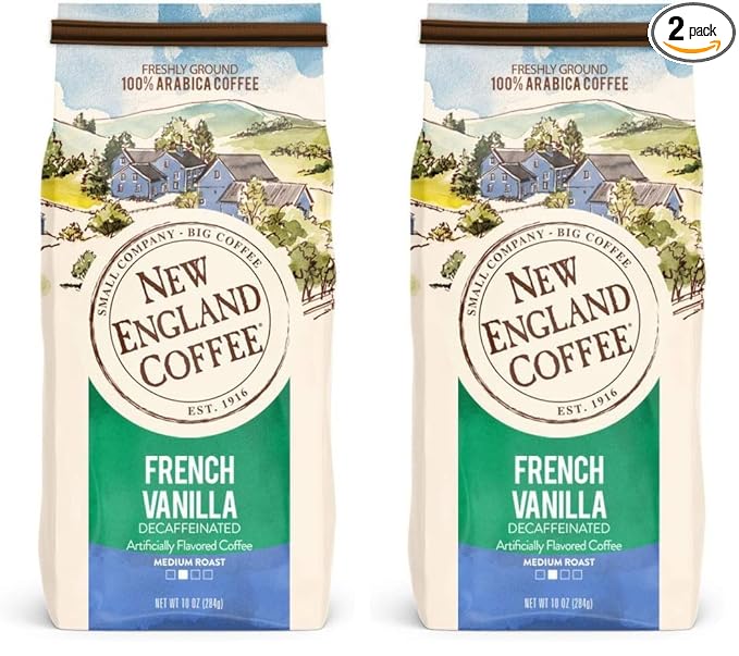 New England Coffee French Vanilla Decaffeinated Medium Roast Ground Coffee, 10oz Bag (Pack of 2)