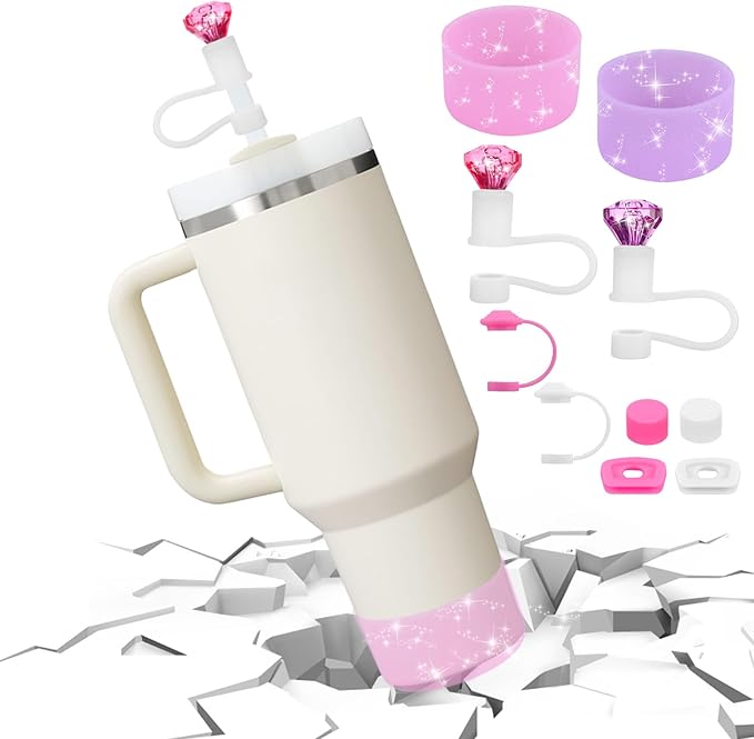 Mity rain Set for Stanley Cup Accessories, Including 2Pcs Diamond Straw Topper, 4 Pcs Silicone Spill Proof Stopper, 2Pcs Protective Glitter Silicone Boot,Set for Stanley Cup 40/30 OZ(Pink+purple)