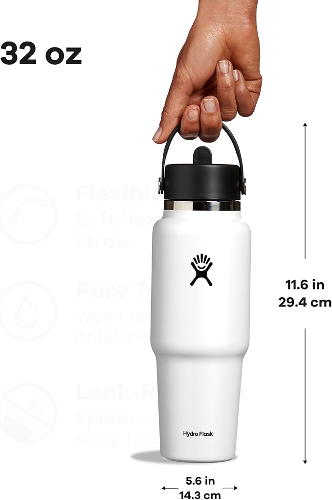 Hydro Flask Travel Water Bottle - Insulated Stainless Steel - Wide Straw Lid, Non Spill, Leakproof in 32 Oz White