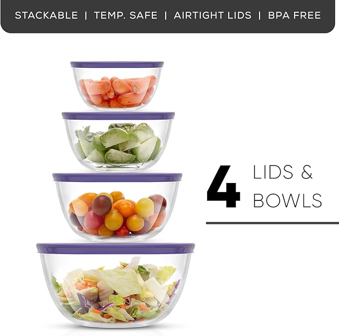 JoyJolt Kitchen Mixing Bowls - 8pc Glass Bowls with Lids Set Neat Nesting - Large Mixing Bowl Set, Batter Bowl, Salad Bowl with BPA-Free Lid