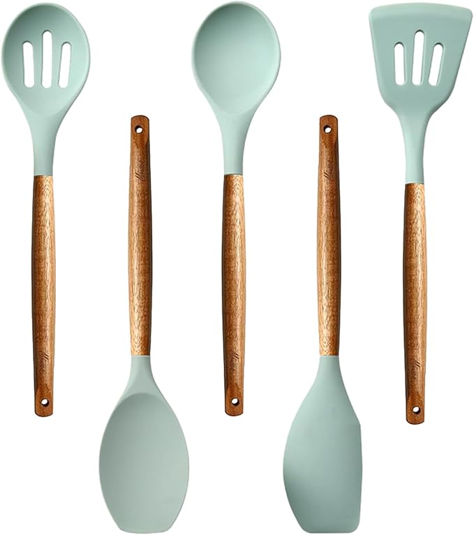 Kitchen Utensils Set, Silicone Cooking Utensils Set,Non-Stick Silicone Spatula Set with Natural Acacia Hard Wood Handle, 5 Piece, Upgraded Thickened Cookware