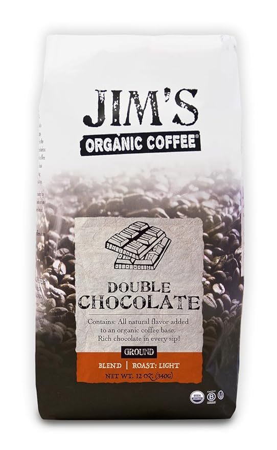 Jim’s Organic Coffee – Double Chocolate: Ground All Natural Flavored Light Roast (12oz) -100% Arabica Coffee Beans - USDA Certified Organic – Kosher – Regeneratively Grown - Ethically Sourced