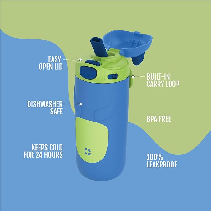 Ello Ellies 12oz Vacuum Insulated Stainless Steel Kids Water Bottle with Straw and Built-in Carrying Handle and Leak-Proof Locking Lid for School Backpack, Lunchbox and Outdoor Sports, Dog