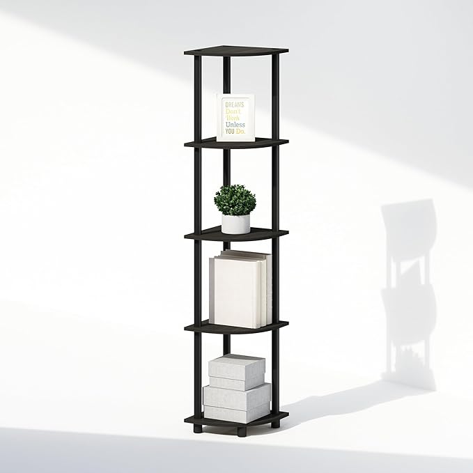 Furinno Turn-N-Tube Corner Shelf, 5-Tier Corner Bookshelf, Open Storage Shelves, for Organization and Storage, Living Room, Home Office, Garage, Bedroom, Espresso