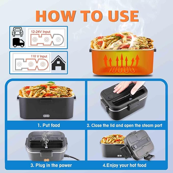 Nifogo Electric Lunch Box for Adults 80W Portable Heated Lunch Box for Men 3 in 1 Portable Food Warmer 110V/12V/24V with 1,8L Removable Stainless Steel Container & Bag(Black)