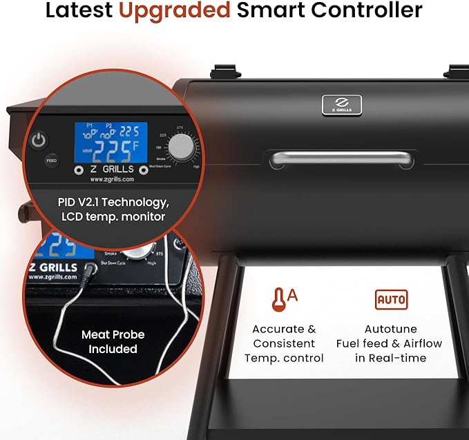 Z GRILLS ZPG 550B2 Wood Pellet Smoker, 8 in 1 BBQ Grill with Latest PID Technology LCD Controller, Auto Temperature Control, Meat Probe, 553 sq in Black