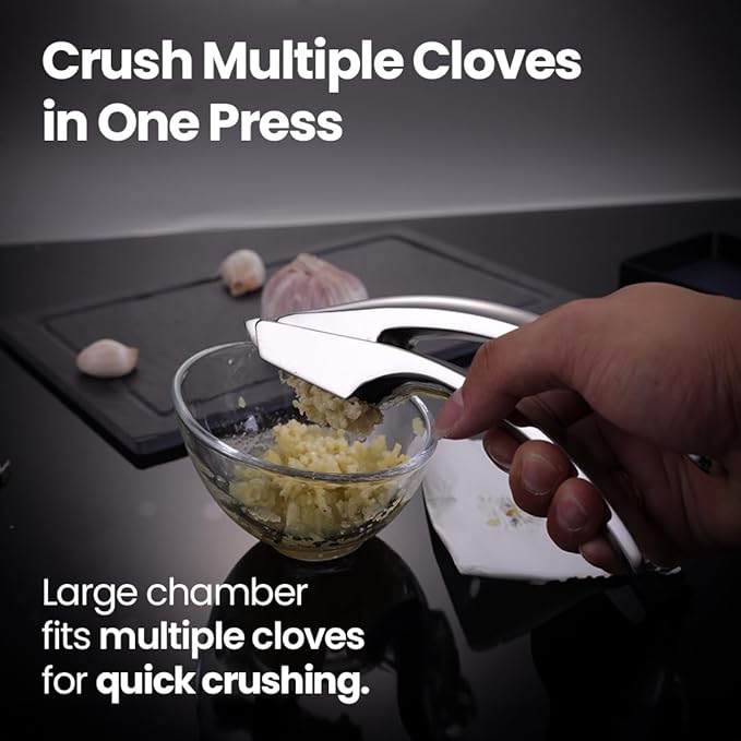 No Peeling Required Garlic Press Stainless Steel with Detachable Handle for Coarse Mincing - Premium Garlic Mincer Tool, Rust-Proof, Easy to Clean, Dishwasher Safe Garlic Crusher with 5-Year Warranty