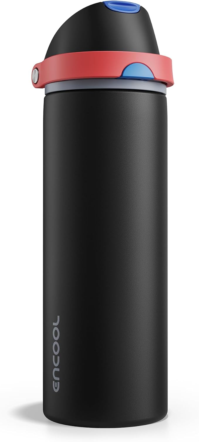 Insulated Water Bottle with Straw - Encool Stainless Steel Water Bottle with Push Button Lid, Leak-Proof & BPA-Free, Keeps Cold for 24 Hours for Sports, Travel, Gym (24 oz, Oil Black)