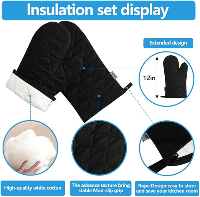 Oven Mitts and Pot Holders 4 pcs Set,High Heat Resistant 500 Degree Extra Thicken Long Kitchen Cotton Oven Glove for Cooking (12 Inch,Black)