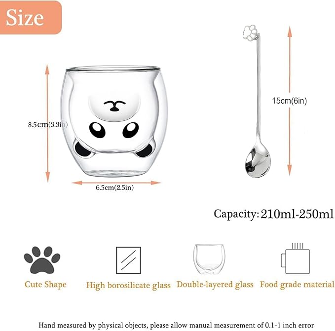 Panda Mug Cute Mugs Glass Double Wall Insulated Glass Espresso Cup, Kawaii Mug, Coffee Cup, Tea Cup, Milk Cup, Birthday Christmas Gifts(Panda)