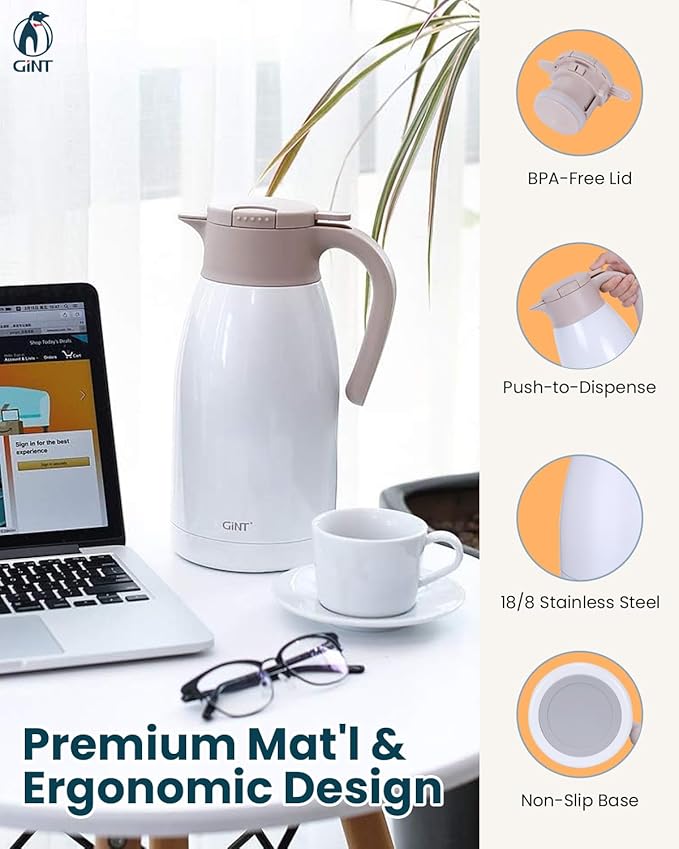 GiNT 1.9L / 64Oz Thermal Coffee Carafe, Insulated Stainless Steel Coffee Carafes for Keeping Hot/Double Walled Vacuum Thermal Carafe (White)