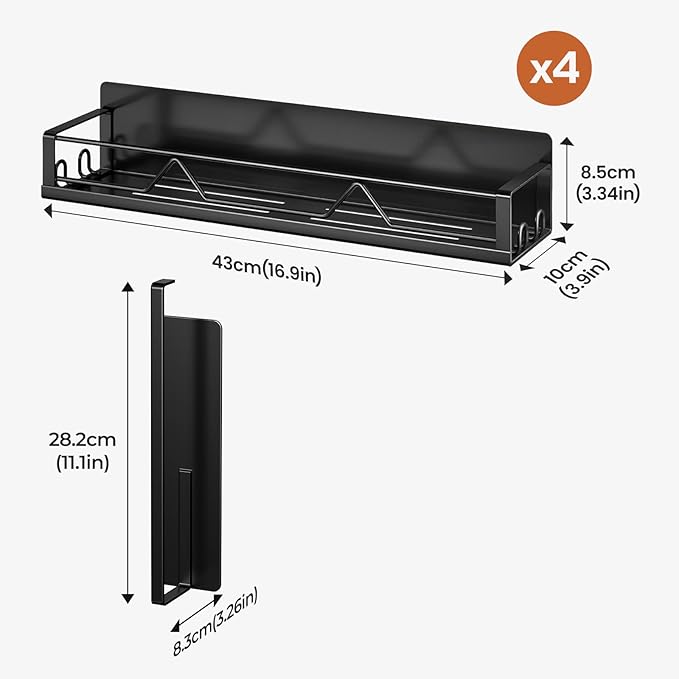 16.9 Inch Wide Large Capacity Magnetic Spice Rack for Refrigerator, 5 Pack Metal Fridge Shelf, Black