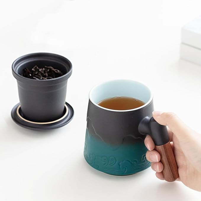 ZENS Tea Cup With Infuser and Lid for Loose Leaf Steeper, 15.2 oz Embossed Ceramic Mug With Fine Strainers, Wood Handle Large Diffusers, Accessories for Tea Lovers Gifts
