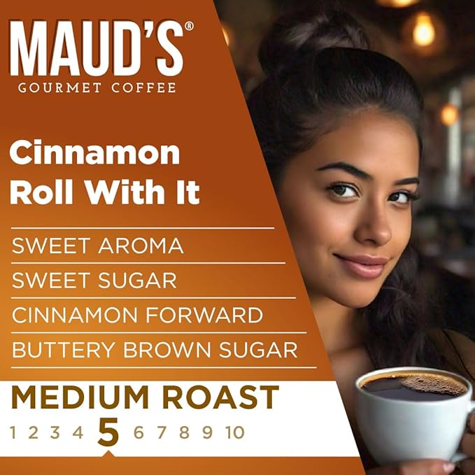 Maud's Cinnamon Roll Flavored Coffee Pods, 50 ct, Medium Roast Flavored Coffee in Recyclable Single Serve Pods – 100% Arabica Beans, Compatible with Keurig K Cups Maker