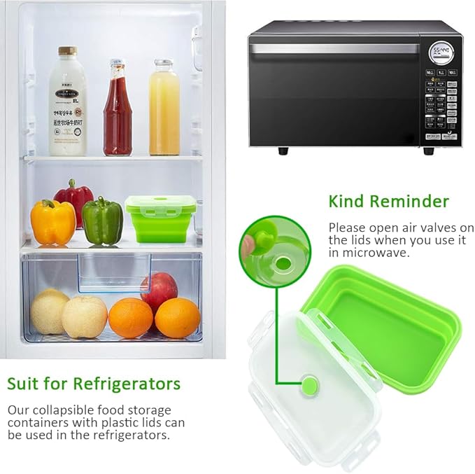 Alimat PluS 40.5oz Collapsible Food Storage Containers with Lids, 3 Pack Set 1200ml Silicone Food Storage Containers, Green Collapsible Food Storage for Kitchen and Outdoor Activities