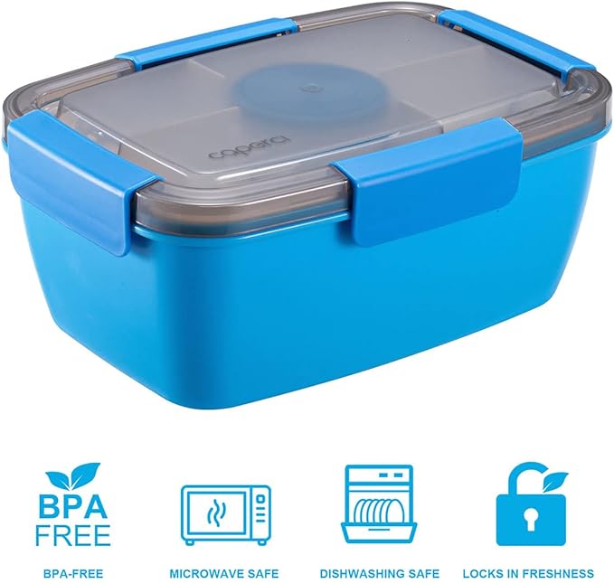 Caperci Salad Lunch Container with 68 oz Salad Bowl - Large Adult Bento Lunch Box, 5-Compartment Bento-Style Tray for Toppings, 2pcs 3-oz Sauce Cups for Dressings, Stackable, BPA-Free (Blue)