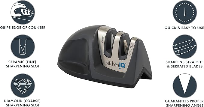KitchenIQ 50825 | Diamond Deluxe Edge Grip 2-Stage Knife Sharpener | Black | Coarse & Fine Sharpeners | Compact for Easy Storage | Non-Slip Base | Soft Grip Rubber Handle | Straight & Serrated Knives