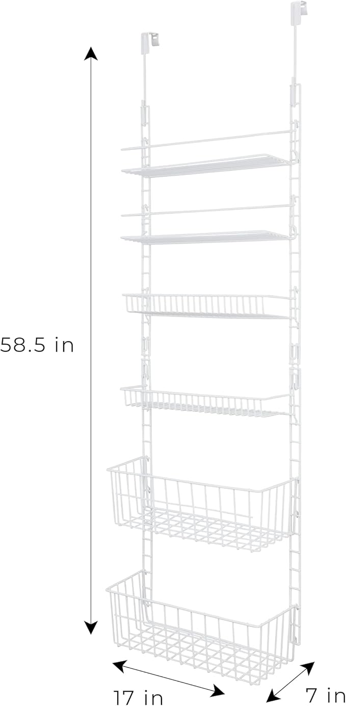Smart Design Over The Door Adjustable Pantry Organizer Rack w/ 6 Adjustable Shelves - Steel Metal - Hanging - Wall Mount - Cans, Spice, Storage, Closet - Kitchen [White]