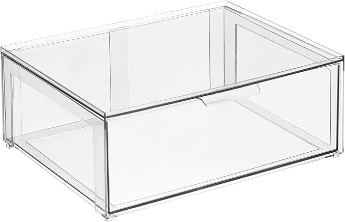 mDesign Plastic Stackable Kitchen Storage Organizer Bin Containers with Front Pull Drawer for Cabinet, Pantry, Fridge, Freezer, Shelf, Refrigerator Organization - Lumiere Collection - Clear