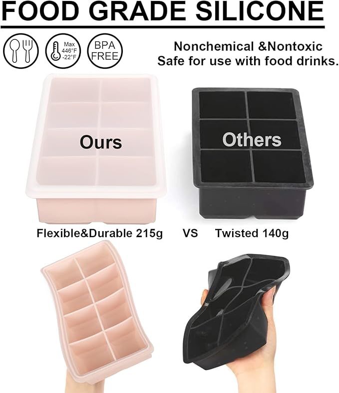 LessMo Ice Cube Tray with Lid - 2 Pack Large Silicone Ice Tray Molds for Freezer, BPA Free, Big Square Ice Cube for Whiskey, Cocktails, Baby Food, Juices