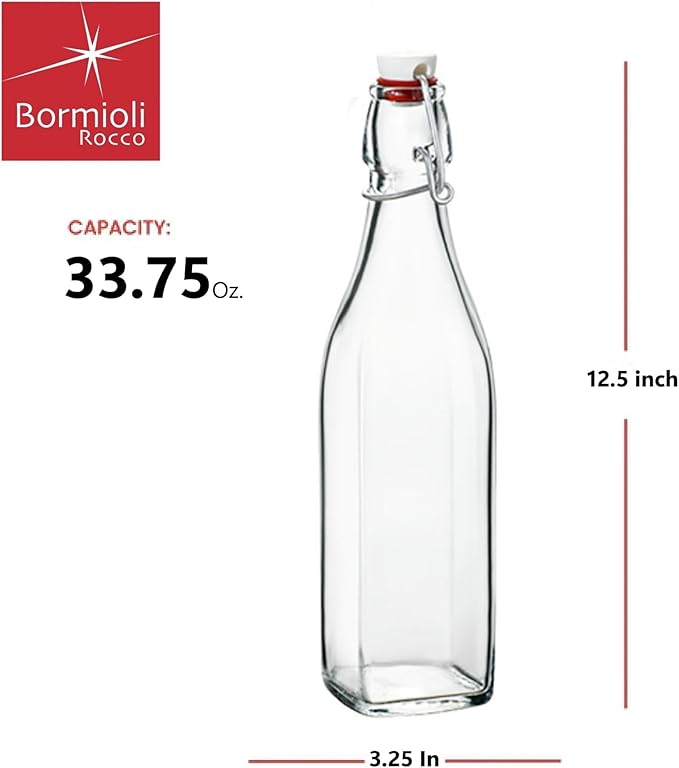 Bormioli Rocco Swing Top Glass Bottle (Set of 4) - Reusable Container with Secure Metal Clasp, Ideal for Homemade Juices, Oil Infusions, Condiments, Mixers - Everyday Drinking Glasses (33.75 Oz.)