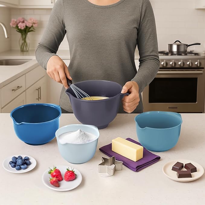 Glad Mixing Bowls with Pour Spout, Set of 4 - Nesting Plastic Bowls (1.2qt, 1.9qt, 2.8qt, and 3qt with Handle) - Non Slip Base, Dishwasher Safe Kitchen Cooking and Baking Supplies, Blue