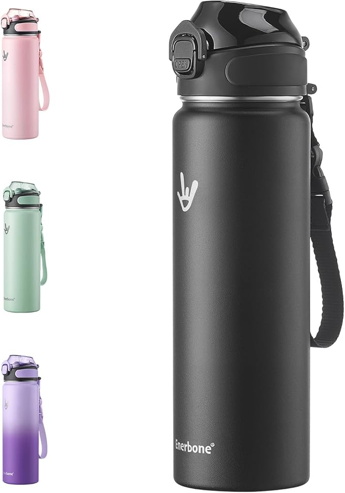 Enerbone 24 oz Insulated Water Bottle, Stainless Steel Bottle with Carrying Strap, Double-Wall Vacuum Insulation Design, Leakproof Sports Bottle with Straw, Keep Drinks Cold or Hot for Hours