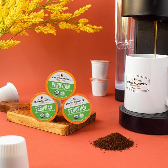 Fresh Roasted Coffee, USDA Organic Peru Water-Processed Half-Caf | 3rd Party Tested for Pesticides, Mold, Mycotoxins, Kosher | 100% Arabica, Specialty Grade, Med Roast 24 Pods for K Cup Brewers
