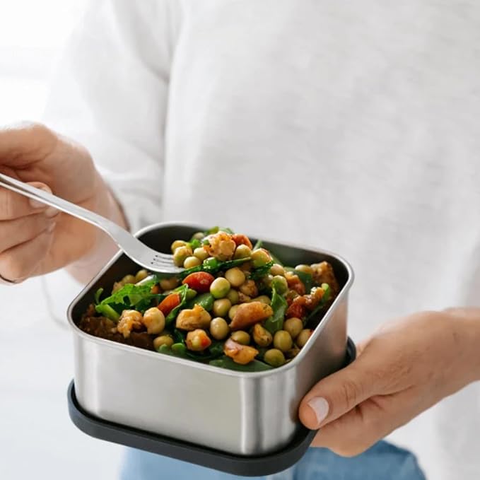 Flexibento - Leak proof Stainless Steel Bento Box | Stainless steel Snack Containers | Food Containers with Silicone Lids | Metal Food Containers| Bentobox - Black, 52 Oz Set (set of 5)