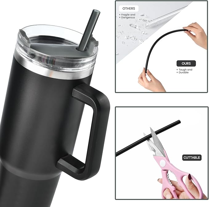 [DISHWASHER SAFE] 6 Pack Replacement Straws for Stanley 40 oz 30 oz Cup Tumbler, 12 inch Long Gray Reusable Plastic Straws with Brush for Stanley, Owala, Yeit Tumbler, BPA FREE