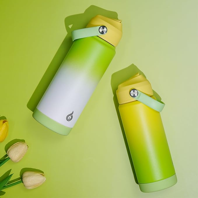 BJPKPK Insulated Water Bottle with Straw Lid, 18oz Thermo Water Bottles, Flex Handle & Non-slip Boot, BPA Free Leak Proof Stainless Steel Metal Thermo, Tumblers, Cups,Fresh Green