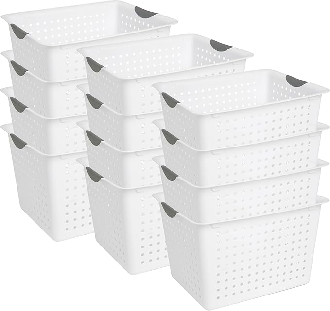 Sterilite 12-Pack Deep Ultra Basket, Open Top Plastic Storage Organizer, White - Classic Baskets for Organizing Countertops, Pantry Shelves, Kitchen Cabinets, Laundry Rooms or Home Offices
