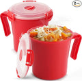 Tafura 22oz Microwave Soup Mugs with Handles, 2 Pack - Red Mug with Clear Lid
